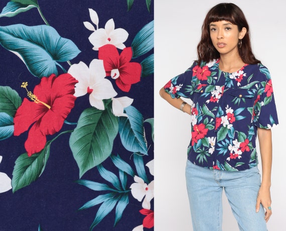 Tropical Floral Blouse 80s Button Up Short Sleeve… - image 1