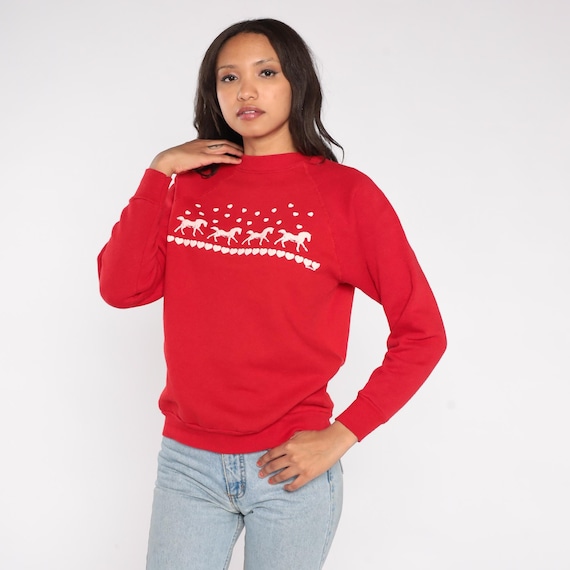 Horse Heart Sweatshirt 80s Red White Equestrian Pattern Folk Nordic Crewneck Raglan Sleeve Running Horses Valentine Holiday Pullover Medium