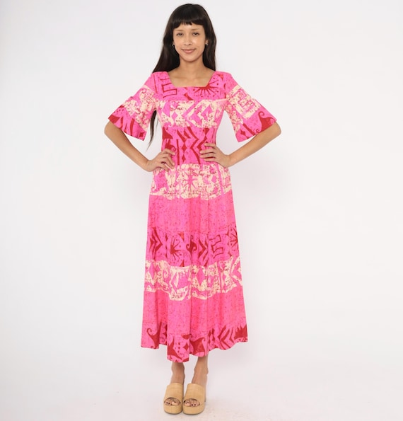 70s Hot Pink Maxi Dress Batik Print Cotton Bell Sleeve Square Neck Fuchsia Tribal Pattern Fitted Waist A Line Ankle Length Extra Small XS