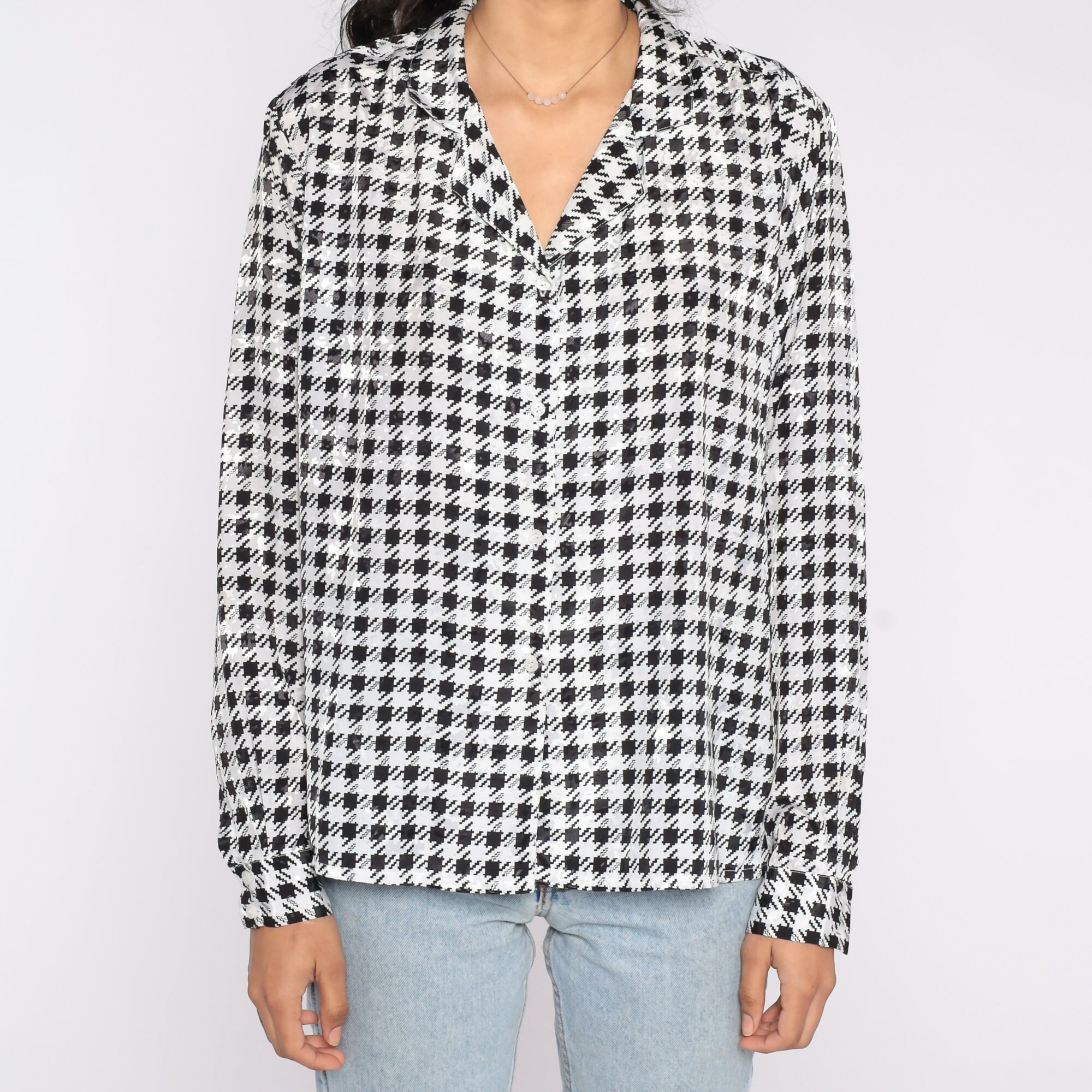 90s Checkered Blouse Black White Plaid Shirt Long Sleeve Collared Top ...