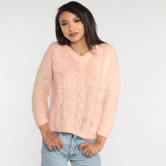 70s Pink Sweater Sheer Cable Knit Sweater Mohair Wool Blend Pullover Retro Boho Pastel Girly Knitwear Bohemian V Neck Vintage 1970s Medium