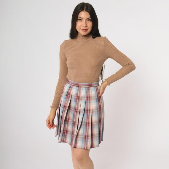 Plaid Pleated Skirt Y2K High Waisted Mini Skirt Red Blue Tartan Check Pattern School Girl Preppy Kawaii Fashion Harajuku Uniform Small S 48