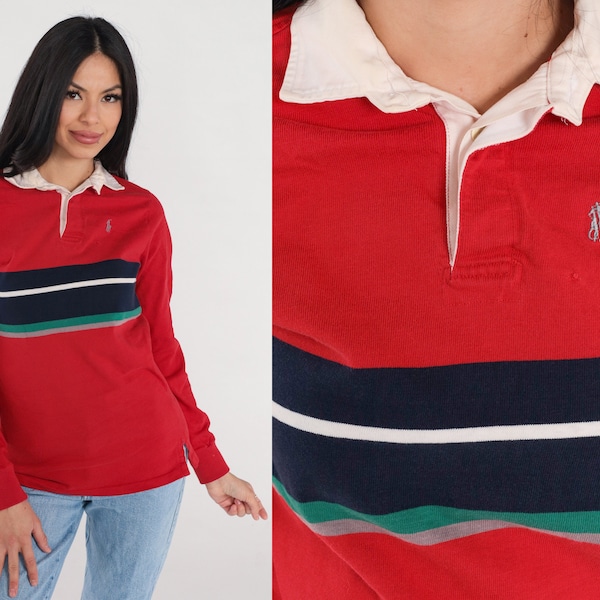 Ralph Lauren Shirt 90s Striped Polo Red Rugby Shirt Long Sleeve Blue White Green Preppy Collared Pullover Retro Vintage 1990s Extra Small xs