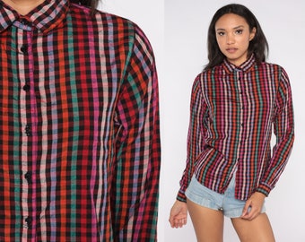 Rainbow Checkered Shirt 80s Button Up Blouse Gingham Plaid Long Sleeve Black Check Print Collared Top Vintage Retro 1980s Preppy Nerd Medium