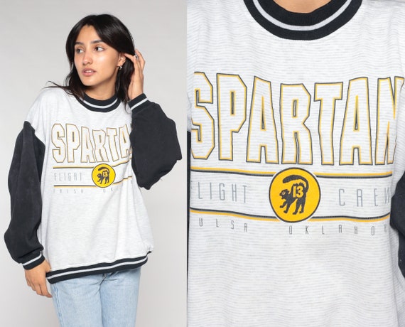 Spartans Flight Crew Sweatshirt 90s Ringer Sweatshirt Aviation School Tulsa Oklahoma Pullover Striped White Black 1990s Vintage Large L