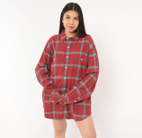 Red Plaid Flannel Shirt 2000s Button Front Cotton Long Sleeve Grey Check Relaxed Fit Grunge Lumberjack Camp Unisex Vintage Extra Large XL