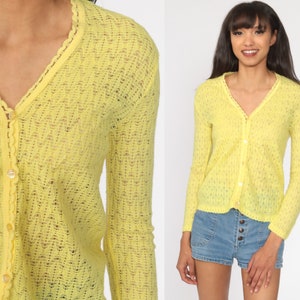 Yellow Cardigan Sweater 70s Pointelle Open Weave Sheer Sweater Vintage Acrylic Knit 80s Slouchy Grandma Slouch Extra Small xs image 1