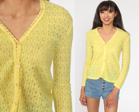 Yellow Cardigan Sweater 70s Pointelle Open Weave Sheer Sweater Vintage Acrylic Knit 80s Slouchy Grandma Slouch Extra Small xs