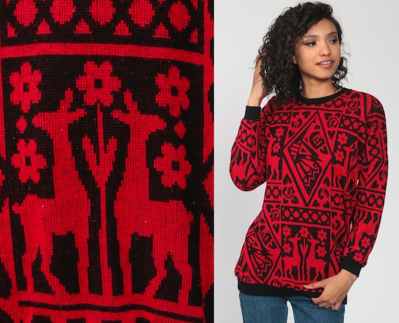 Deer Sweater 80s Red Floral Animal Print Slouchy B