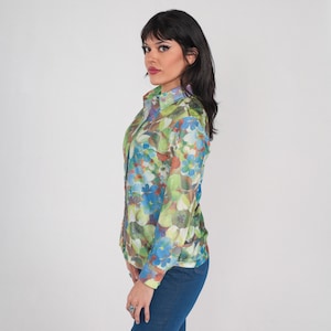 Watercolor Floral Blouse 70s Button up Top Bohemian Long Sleeve Collared Shirt Flower Print Retro Green Blue Orange Vintage 1970s Medium M