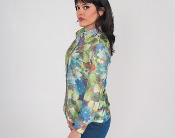 Blusa con estampado floral de acuarela, años 70, con botones, estilo bohemio, manga larga, cuello, estampado floral, estilo retro, verde, azul, naranja, vintage, años 70, talla mediana, M