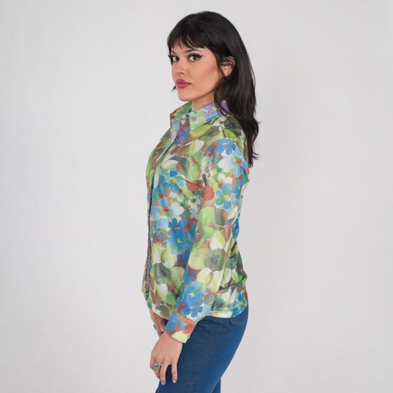Watercolor Floral Blouse 70s Button up Top Bohemian Long Sleeve Collared Shirt Flower Print Retro Green Blue Orange Vintage 1970s Medium M
