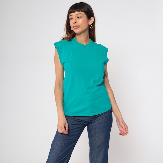 Vintage Teal Muscle Tee Shirt 90s Plain Green Single Stitch Tank Top Tee Retro Shirt Sleeveless Top 1990s Retro Combed Cotton Small S