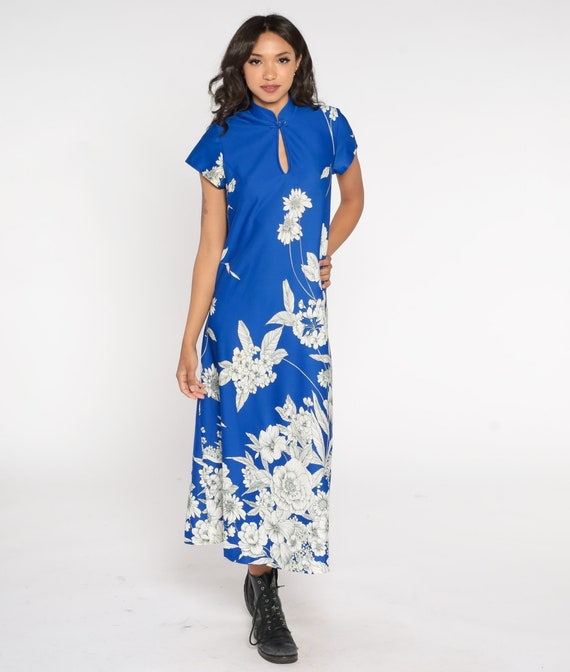 Floral Maxi Dress 70s Blue Boho Flower Print Dress Ca… - Gem