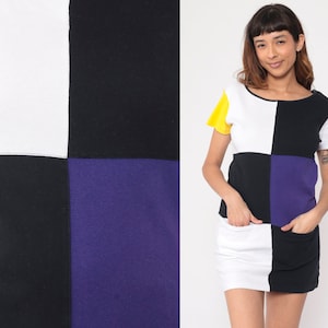 90s Color Block Dress Black Purple White Mini Dress Pocket Front Short Sleeve Party Dress Shift Ringer Vintage 1990s Small Medium image 1