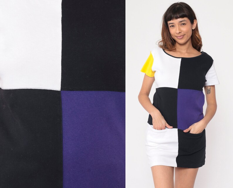 90s Color Block Dress Black Purple White Mini Dress Pocket Front Short Sleeve Party Dress Shift Ringer Vintage 1990s Small Medium image 1