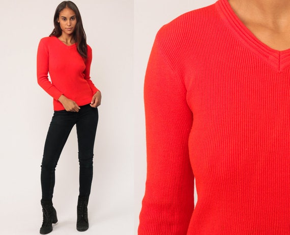Knit Shirt Red V Neck Shirt 70s Sweater Top Retro Vintage Long Sleeve Boho Plain Normcore 1970s Extra Small xs