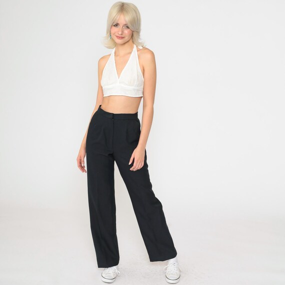 Vintage Black Trousers 80s Straight Leg Pleated Pants High Waisted Rise Slacks Basic Plain Slim Minimal Preppy 1980s Small