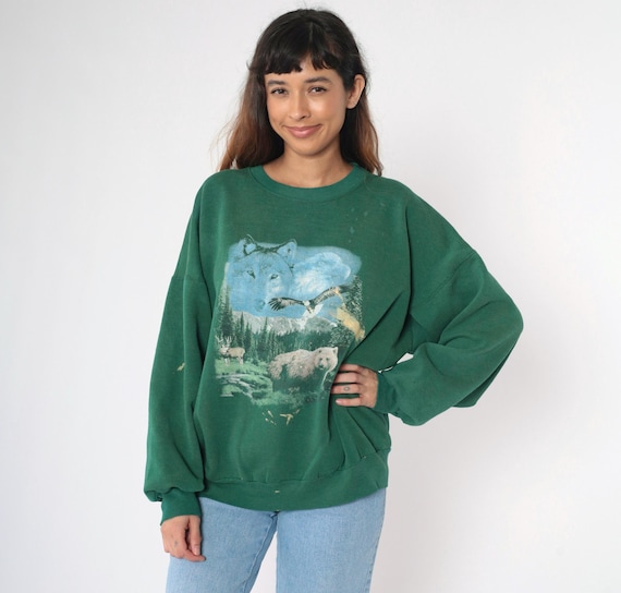 Vintage Wildlife Sweatshirt 90s Wolf Shirt Bald Eagle Shirt Paint Splatter Grizzly Bear Elk Animal Graphic Jumper 1990s Sweater Green xxl