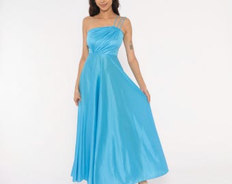 Vestido largo asimétrico de un solo hombro estilo años 70 con tres tirantes asimétricos y corpiño drapeado. Vestido largo griego hasta el suelo, corte en A, vintage, talla XS.