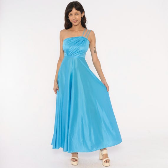Sky Blue One Shoulder Gown 70s Asymmetric Triple Strap Draped Bodice Powder Maxi Dress Grecian Floor Length A Line Vintage Extra Small XS