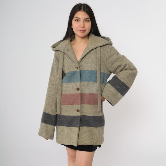 70s Woolrich Woman Hooded Wool Coat Striped Blanket Jacket Button Front Made in USA Boho Western Winter Outerwear Taupe Multicolor Large L