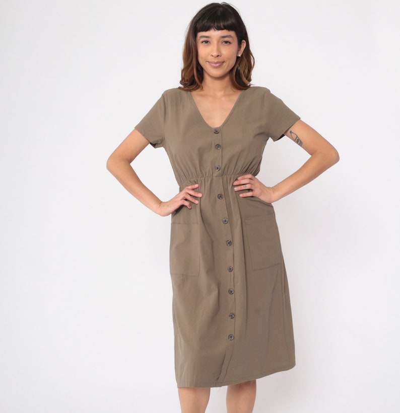 Brown Midi Dress Y2k Button Up Pocket V Neck Preppy Retro Minimalist Short Sleeve High Elastic Waist Shift Plain Pullover Vintage 00s Medium image 4