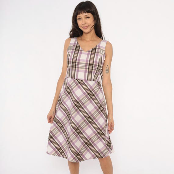 Lavender Plaid Sundress 2000s V Neck Purple Brown Cream Check Summer Preppy Collegiate Soft Grunge Alternative Coquette Vintage Small S