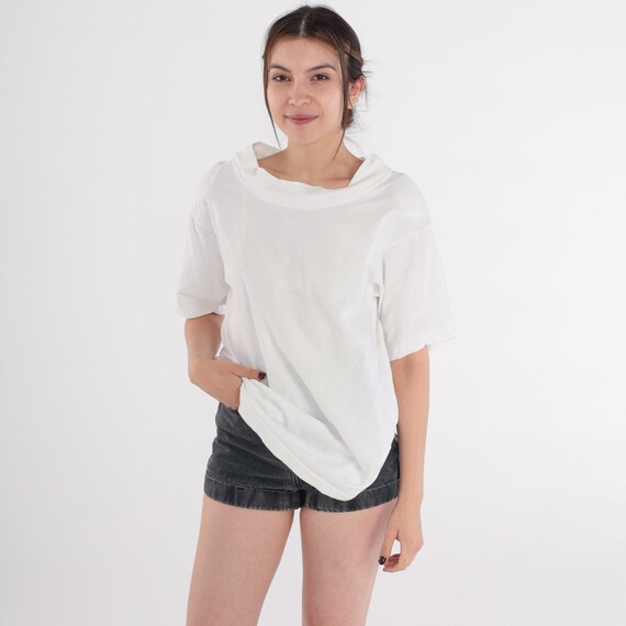 Plain White Top 90s T-Shirt Wide Mock Neck Short Sleeve T Shirt Retro Tee Basic Plain Blouse Cotton TShirt Vintage 1990s Medium M