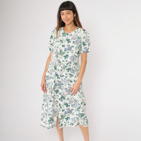 Vintage Floral Button Dress 90s White Blue Green Print Short Sleeve Midi Rayon Blend Day Dress 1990s Modest Cottagecore Pockets Medium M