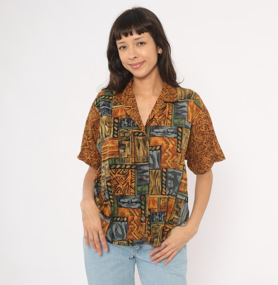 Tribal Patchwork Shirt 90s Blouse Mustard Gold Amber Slate Abstract Camp Collar Short Sleeve Earth Tone Eclectic Print Top Vintage Large L
