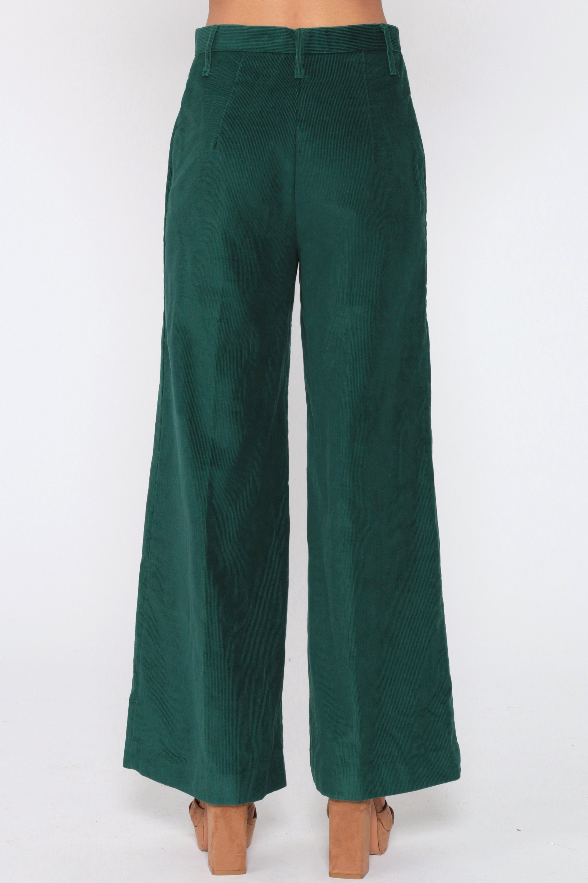 Corduroy BELL BOTTOM Pants 70s Hippie Dark Green High Waisted Trousers Boho Wide Leg Flared 