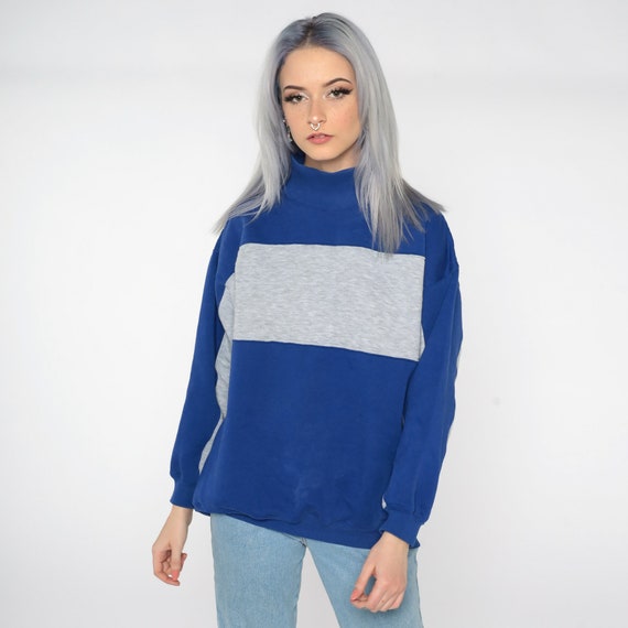 Navy Blue Color Block Sweatshirt 90s Grey Quilted Sweatshirt Funnel Neck 80s Slouch Pullover Jumper Long Sleeve Shirt Vintage Oversize Small