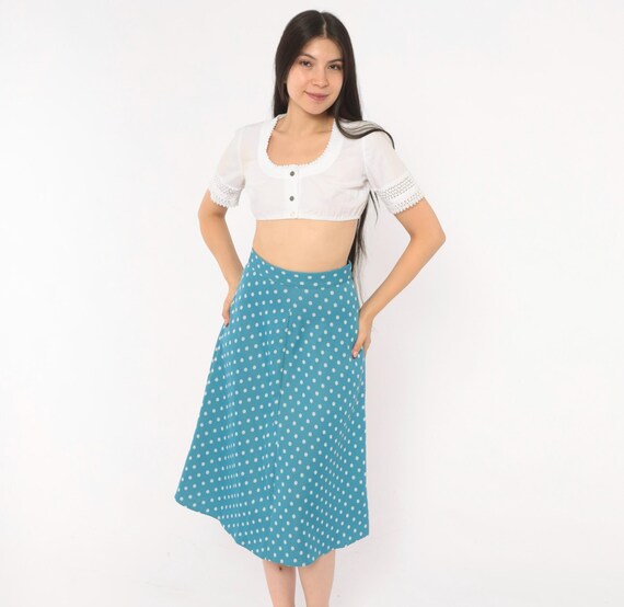 70s Polka Dot Skirt Blue White A Line Button Back High Waist Flared Circle Pin Up Rockabilly Mod Teal Spotted Midi Vintage Extra Small XS