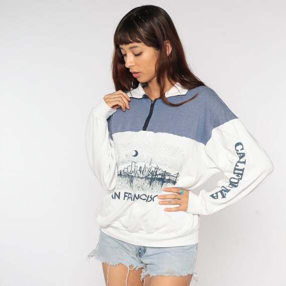 San Francisco Shirt Half Zip Sweatshirt 90s Pullover Sweater Quarter Zip 1990s White Blue California Sweater Vintage SF Shirt San Fran Large