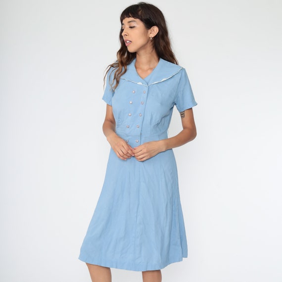 60s Day Dress 1960s Baby Blue Midi Pastel Double Breasted Dress Rockabilly Mod Vintage High Waist Mad Men Short Sleeve Button Up Small