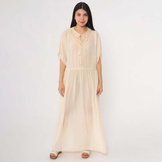 70s Sheer Maxi Dress Cream Lace Yoke Tie Front Flowing Short Sleeve Bohemian Romantic Day Gown Long Length Feminine Style Medium Large M L