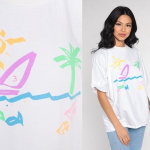 Sailboat Shirt 90s Tropical Beach Sailor Tee Shirt Boat Nautical TShirt Vintage 1990s Crazy Shirts Graphic Single Stitch White Large L