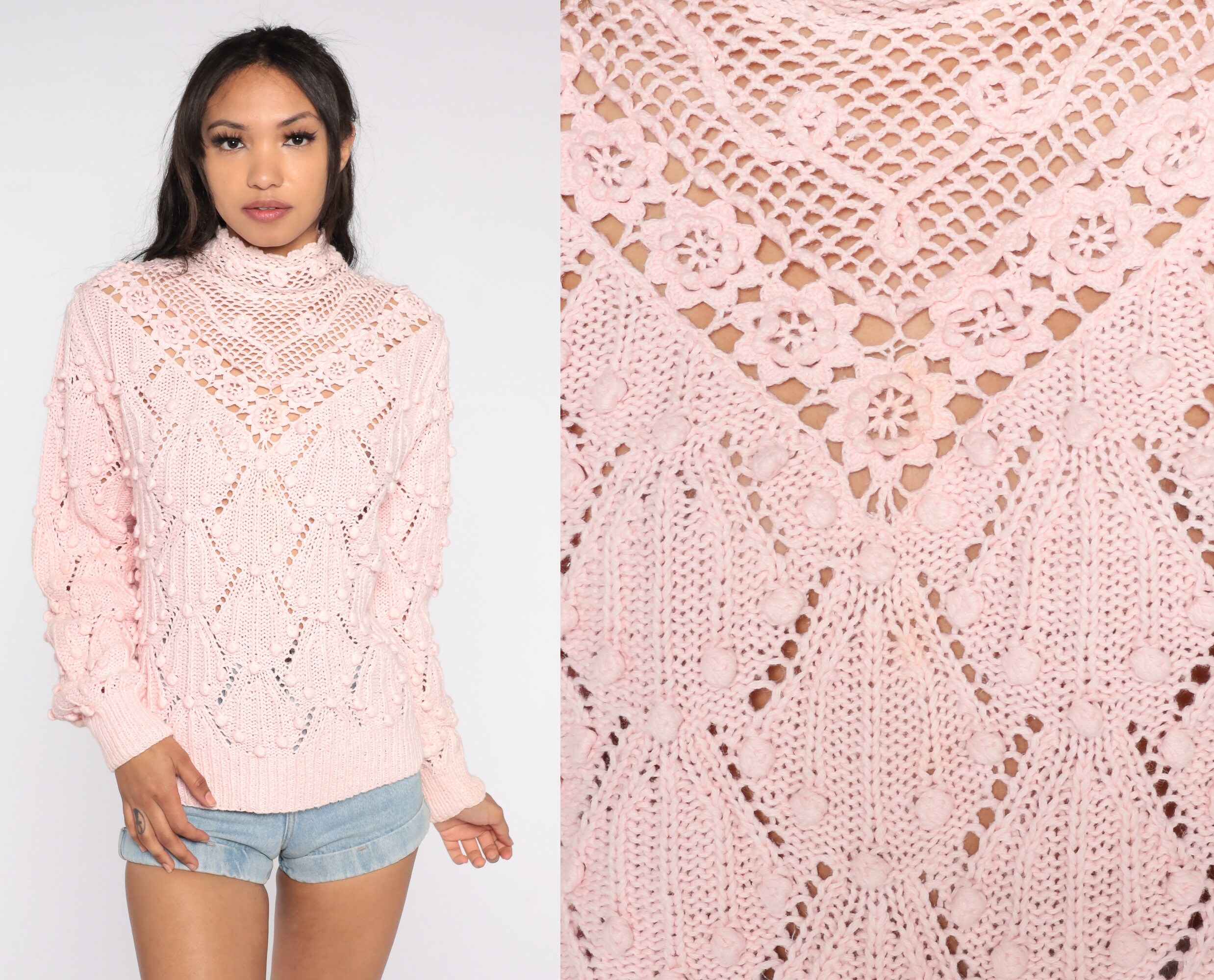Sheer Baby Pink Sweater 90s Open Knit Crochet Mock Neck Sweater Nubby