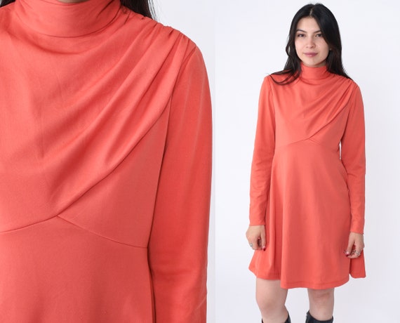 Orange Babydoll Dress 70s Empire Waist Mini 60s Mod Dress Vintage 1970s Grecian High Neck Long Sleeve 1970s Twiggy Mock Neck Medium