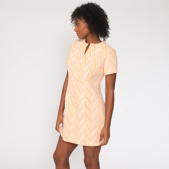 Orange Mod Dress 70s Mini Zig Zag Striped Front Z… - image 4