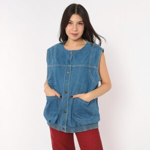 90s Denim Vest Blue Jean Snap Button Front Sleeveless Cotton Blouson Patch Pocket Chore Waistcoat Grunge Workwear Womens Vintage Large L