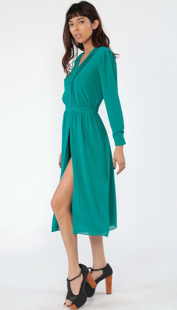 Teal Wrap Dress 80s Secretary High Waisted Green Midi Puff Sleeve Pintuck Deep V Neck 70s Plain Boho 1980s Vintage Long Sleeve Small