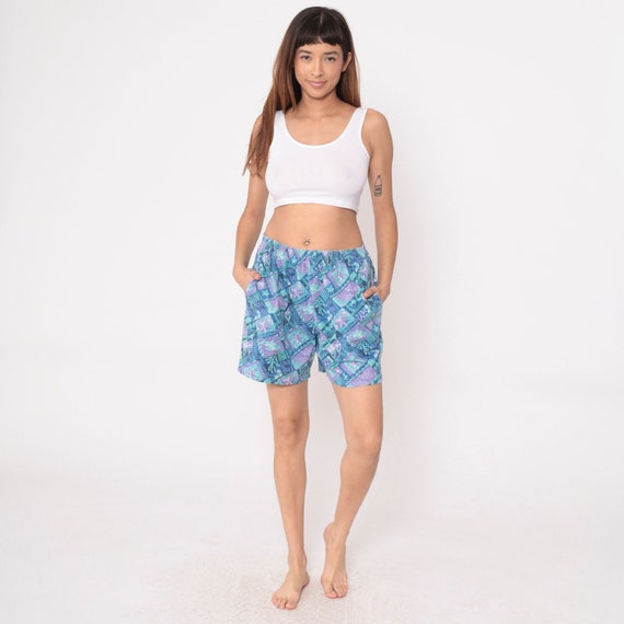 Tropical Beach Shorts 90s Fish Starfish Shorts Geometric Print Purple Blue Summer High Elastic Waist Baggy Vintage 1990s Medium