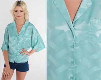 Seafoam Blouse 80s Button Up Shirt Shiny Embossed Wide Sleeve Collared Top Silky Retro Summer Bohemian Blue Green Vintage 1980s Medium M