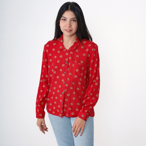 90s Abstract Blouse Red Floral Print Rayon Button Up Shirt Geometric Pattern Long Sleeve Collared Top 1990s Vintage Medium M Petite