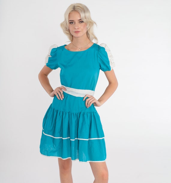 80s Prairie Dress Blue Mini Dress Puff Sleeve Tiered Full Skirt Square Dance Dress Country Western High Waisted Vintage 1980s Extra Small xs
