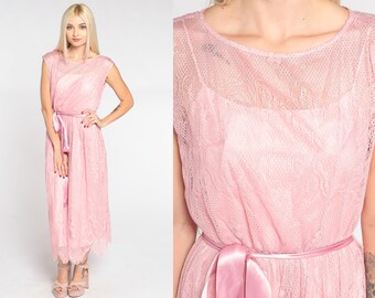 Pink Lace Dress 70s Party Dress Floral Midi Dress Cap Sleeve High Waisted Bow Scalloped Formal Cocktail Prom Vintage 1970s Extra Small xs
