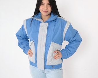 Vintage Blue Puffer Coat Color Block Ski Jacket Retro 80s Striped Puffy Coat Winter Jacket 1980s Puff Jacket Zip Up Women's Medium M