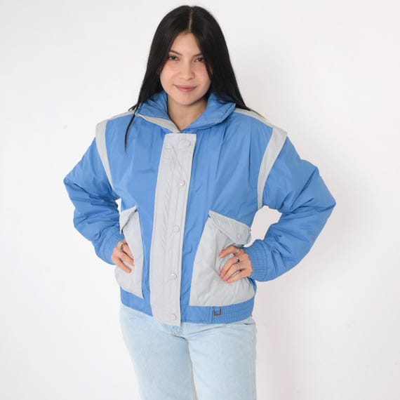 Vintage Blue Puffer Coat Color Block Ski Jacket Retro 80s Striped Puffy Coat Winter Jacket 1980s Puff Jacket Zip Up Women's Medium M